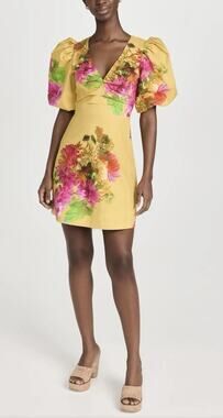CARA CARA Aliza Cream Gold Floral Peonies Puff Sleeve Cotton Dress Sz S NWT $525